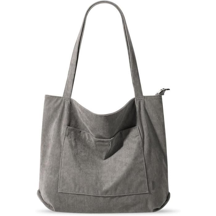 Tote Bag Velours Côtelé XXL Femme – Grand Sac Bandoulière Beige Avec Porte-Clés Cœur, Idéal Études, Travail, Voyage & Shopping