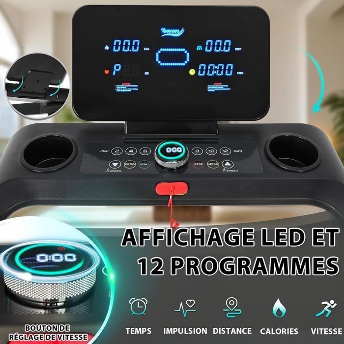 Tapis De Course Pliable Novonova SY-1025 – 14km/h, Inclinable, Bluetooth, 12 Programmes, 550W