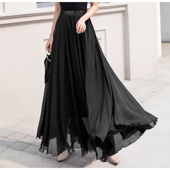 Jupe Femme Longue Plissee en Mousseline de Soie Chic et Elegant Trapeze Taille Haute Tulle Jupe Fluide Taille Elastique Maxi Jupe Noir Cdiscount Pret a Porter