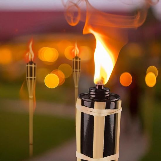 Ambiance Lumière Feu Torches De Jardin Relaxdays - Lot De 10 En Bambou - Hauteur 50cm - Avec Mèches Rechange - Ambiance Fête, Barbecue, Mariage Lampe Torche Puissante