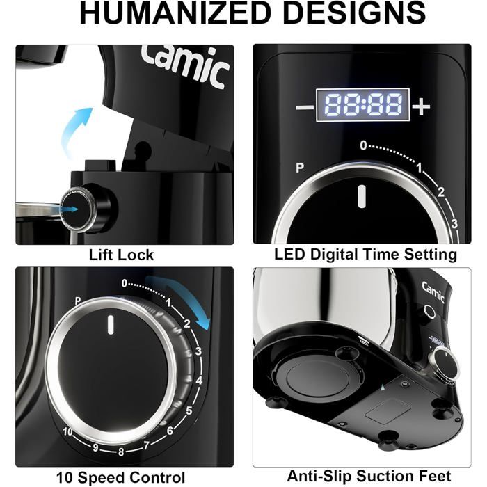 Camic Robot Pâtissier Multifonctions, Pétrin 8L 1500W Puissant, Robot de Cuisine avec Crochet Pétrisseur, Batteur, Fouet à Fil, Couvercle, Compatible Lave-vaisselle (8 L, noir