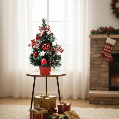 Sapin De Noël Artificiel Enneigé 40 Cm - Blanc Et Rouge, Décoré De Boules, Nœuds Et étoile, Dans Un Pot Rouge, Prêt à Exposer