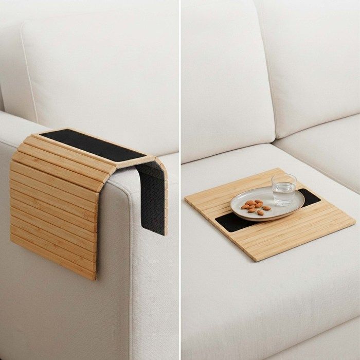 Support Accoudoir Bambou Relaxdays - Tablette Canapé Avec Repose-Boissons, Pliable, Antidérapant, Naturel 42x34 Cm - Idéal Salon & Détente