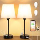 FOCLATUNER Lampe de Chevet Tactile avec Ports USB-A+C+Prise CA, 3 Intensité Variable, Lampes de Chevet Lot de 2, Abat-jour en Lin