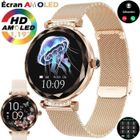 Montre Connectée Femme XtraDiTech Alliage Diamanté 3D Losange Polygonal Rond Écran AMOLED 1,19” Mignon 2 Bracelets Acier et
