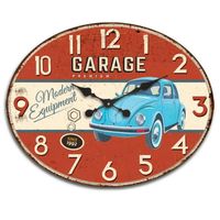 Horloge murale ovale décorative en bois MDF voiture vintage bleu et rouge, décoration murale garage rétro 49 cm 27019RGSG
