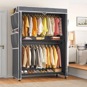 Portant à Vêtements Extensible Avec Roulettes - 2 Barres + 1 Étagère - Métal/ABS - Noir - Idéal Dressing Ou Buanderie