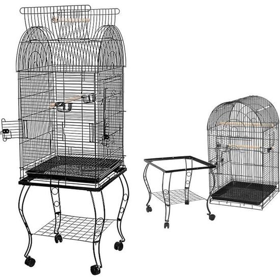 PawHut Cage à oiseaux sur pied volière oiseaux sur roulettes avec toit  ouvrant 3 perchoirs étagère inférieure 46,5 x 36 x 157 cm