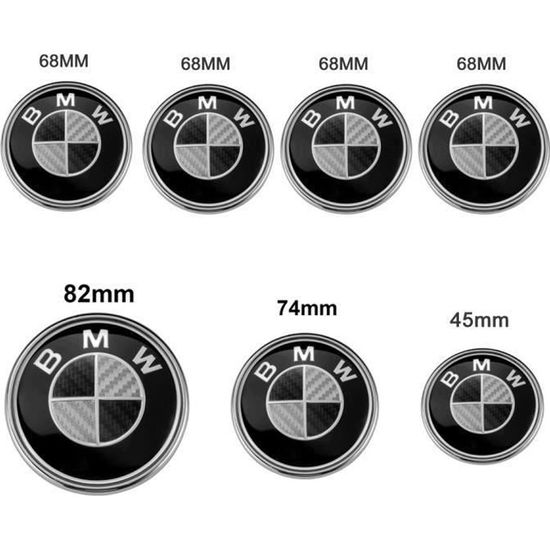 Lot de 7 BMW Carbone Noir Logo Emblème 82mm Capot 74mm Coffre Centre de roue Enjoliveur