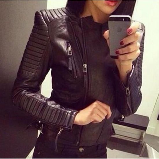 Veste En Cuir Véritable Noir Style Moto - Taille 8 à 20, Neuf Avec étiquettes, Matelassée