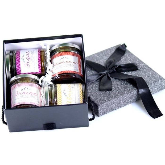 Coffret Sucré - Collection de 4 confitures Bio Extra fabrication au chaudron - Élégant coffret cadeau noir et gris - Origine France