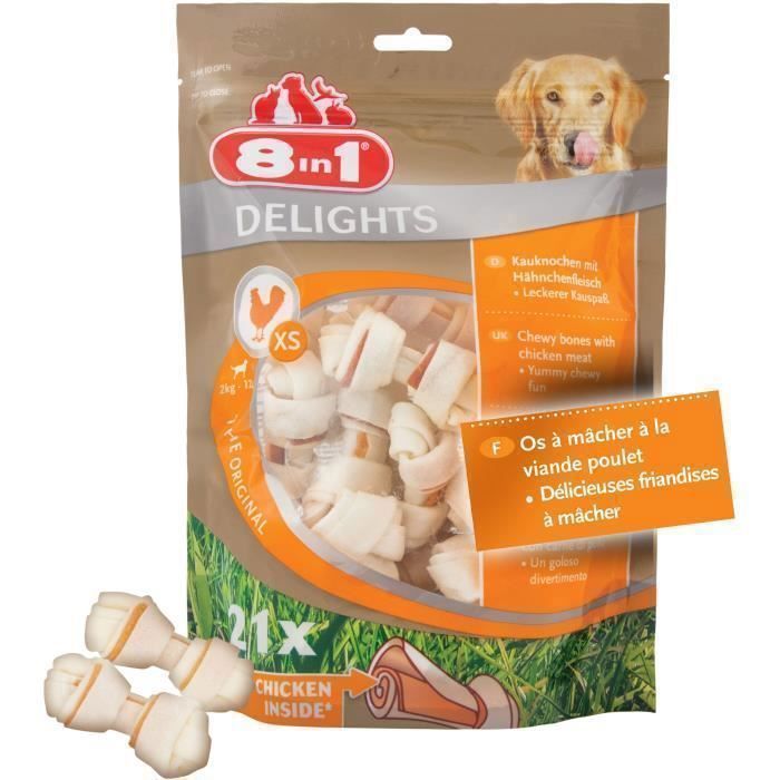 8in1 Delights XS Os de bœuf à mâcher pour chien de petite taille - Longue durée - sans céréales colorant arôme artificiel - 21 pcs