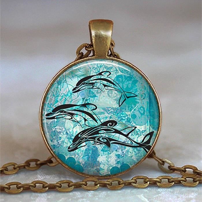 Bleu océan étoile de mer tortue dauphin couleur argent bijoux classique verre Cabochon collier et pendentifs m*ES33734