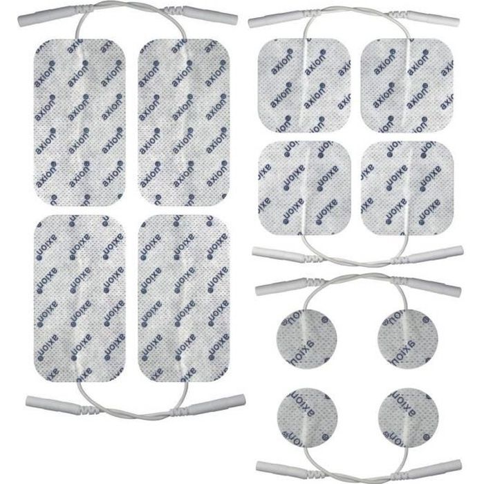 Axion - 12 électrodes pour électrostimulateurs TENS et EMS connexion à fil 2 mm - 4 x 5*5 cm + 4 x 10*5 cm + 4x Ø32mm