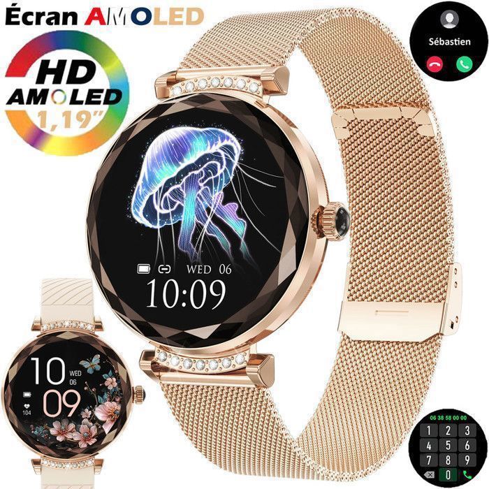Montre Connectée Femme Ronde Smartwatch Étanche IP68 Boîtier Rétro Alliage Zinc Grand Écran Tactile Diamètre 4CM Bracelet Acier