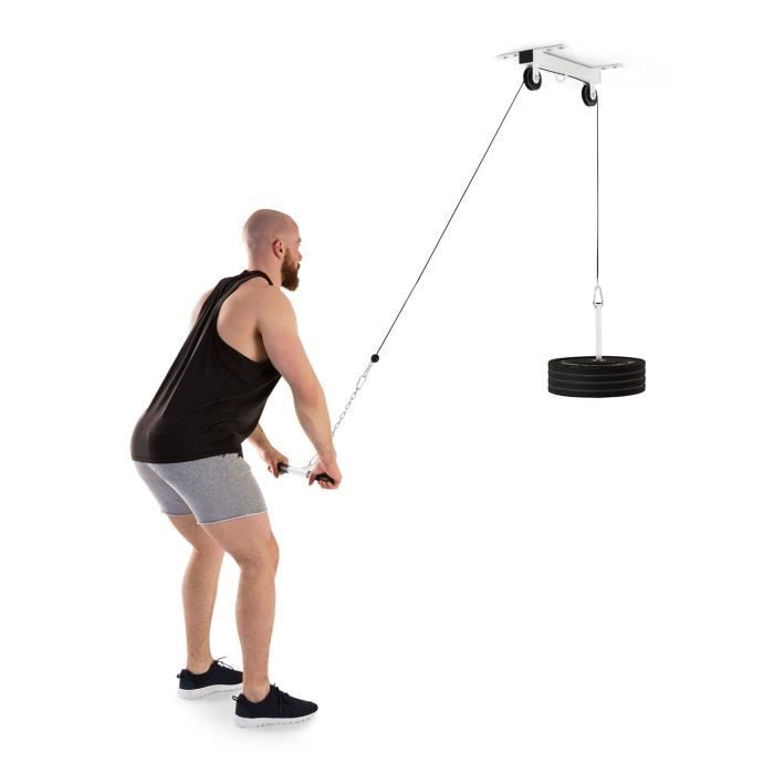 Klarfit Stronghold Station d'entraînement fitness - Exercices de traction - Poulie 2m - Barre de triceps - Fixation plafond - Blanc