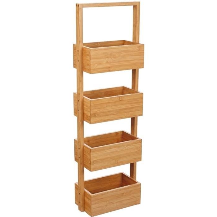 Meuble Etagère Salle de Bain Bambou 4 Bacs De Rangement Panier