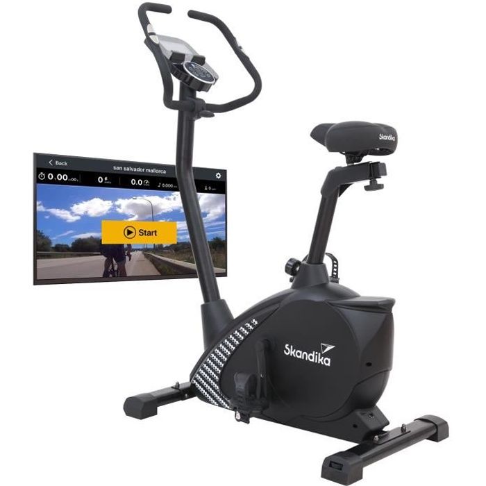 Skandika Glede - Vélo d'appartement ergomètre - Inertie 11 kg - 12 Prog - Bluetooth - Contrôle par appli - Support Tablette - Noir