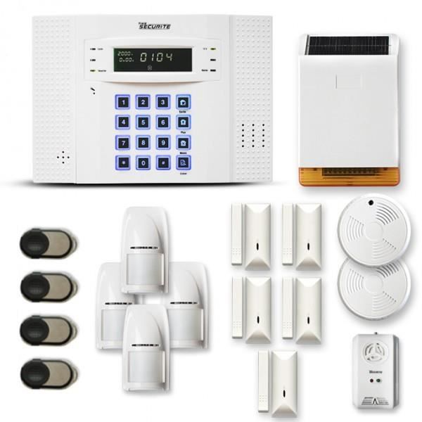 Alarme maison sans fil DNB 4 à 5 pièces mouvement + intrusion + détecteur de fumée + gaz + sirène extérieure solaire - Compatible Bo