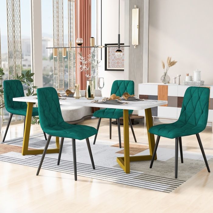 Ensemble Table de Salle à Manger avec 4 ChaisesTable à Manger RectangulaireChaise de Salle à Manger en Velours Vert Foncé
