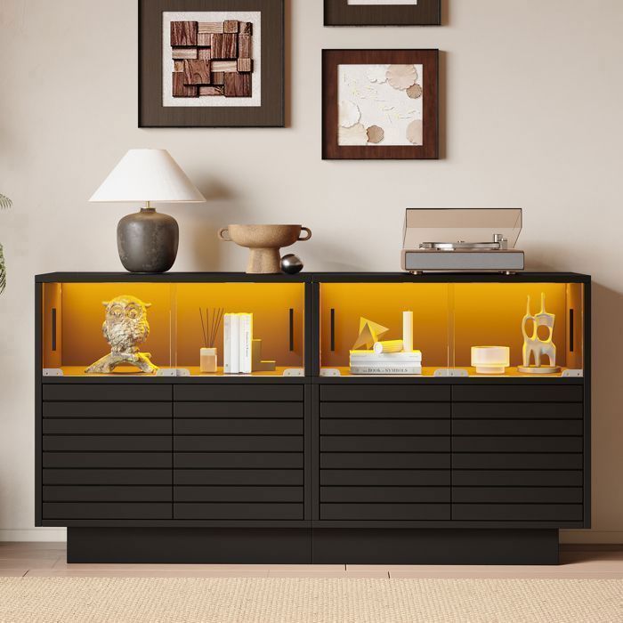 Buffet Bahut 8 portes avec LED - Buffet Salon - Porte Centrale à Charnière - Meuble de Rangement - Buffet - 130x35x68 cm - Noir