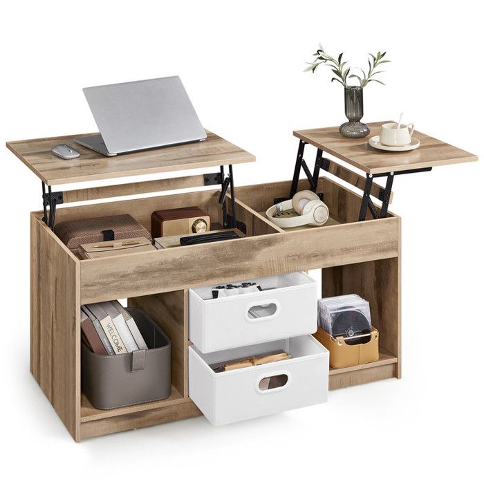Table Basse Relevable - VASAGLE - 2 Tiroirs - Compartiments Cachés - Marron Camel/Blanc Nuage Table Basse Relevable - VASAGLE - 2 Tiroirs - Compartiments Cachés - Marron Camel/Blanc Nuage