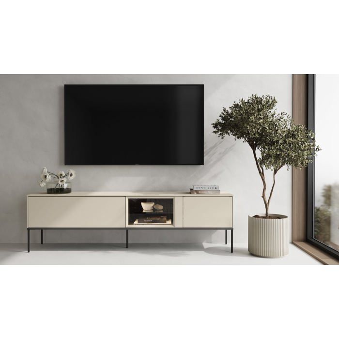 Meuble TV bas avec vitrine en verre éclairée – BELLEZO – 196 cm – crème Meuble TV bas avec vitrine en verre éclairée – BELLEZO – 196 cm – crème