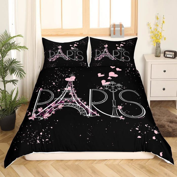 Parure de lit Tour Eiffel Paris Chic Parure de lit Housse de Couette pour garçons Filles Enfants Adolescents Noir Rose 140x200cm
