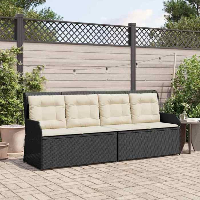 Banc de jardin inclinable - vidaXL - Poly rotin - Noir - Dossier ajustable - Coussin dextérieur - Résistant aux UV