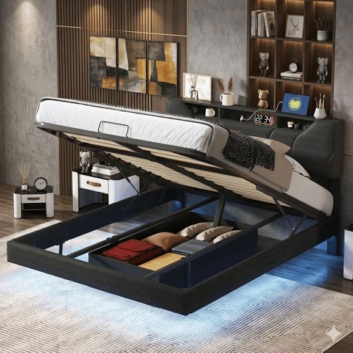 Lit coffre 140x190SUNFECILIlit 140x190 cmavec sommier à lattesLED réglable et chargement USBtissu en PUNoir