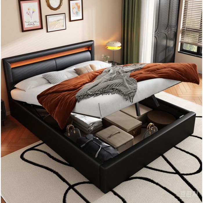 Lit coffre adulte 140x190 cm avec LED et coffre de rangement sommier à lattes tête de lit 80 cm similicuir noir