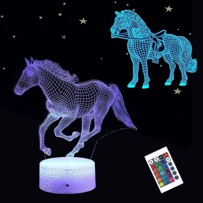 Veilleuse 3D Cheval 3 Motifs Avec Télécommande 16 Couleurs Led Illusion Animal Pour Maison Bureau Décoration Cadeaux