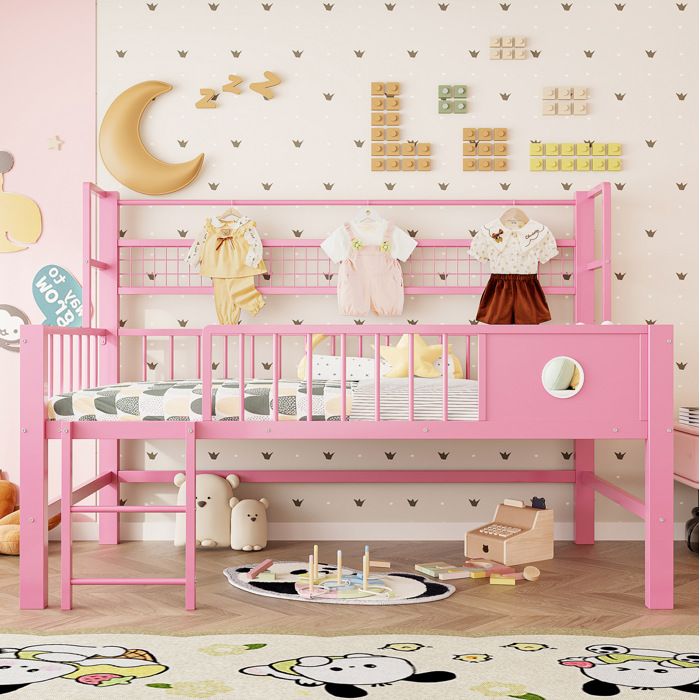 Lit mezzanine 90 x 200 cm bas enfant rose avec rangements penderie et étagère filet