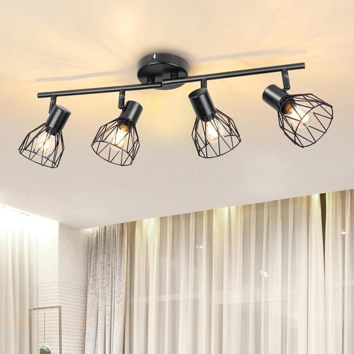 Plafonnier industriel rampe spot noire - 4 spots LED orientables à douilles E14 - Éclairage intérieur pour cuisine chambre salon
