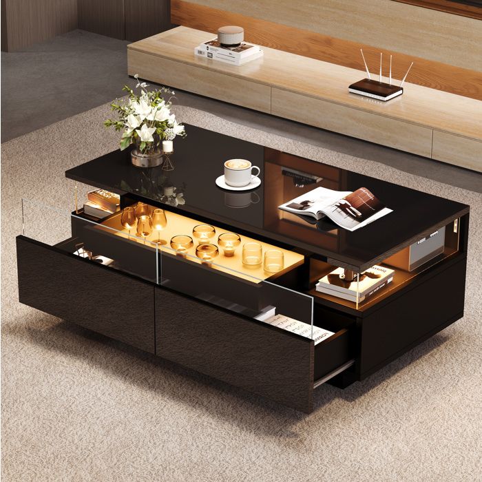 Table basse noire brillante 90 × 45 × 355 cm avec 2 tiroirs plateau et LED