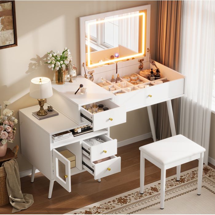 Coiffeuse bureau 2-en-1 blanche 120 x 50 x 775 cm avec miroir LED rabattable 3 couleurs et tabouret