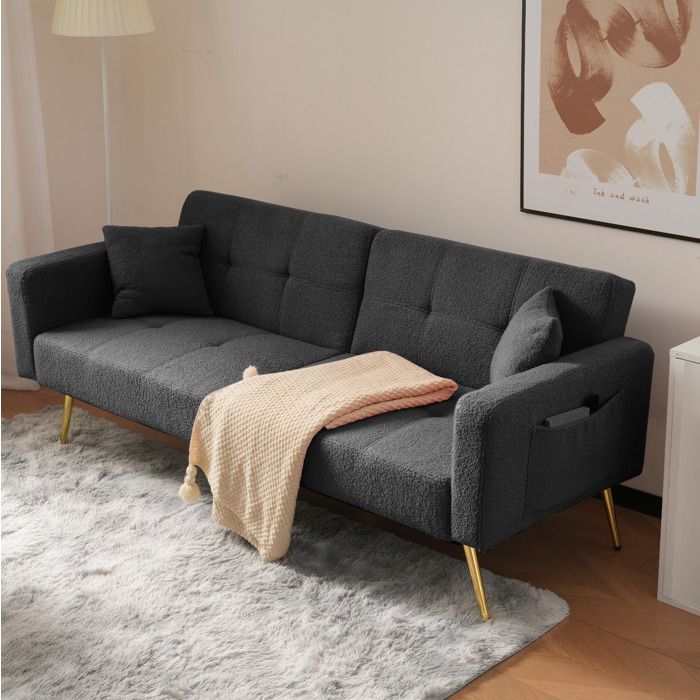 Canapé Lit 2 Places Convertible Dossier Réglable 105 138 180 Tissu Sherpa Gris Foncé Pieds Dorés Poches Latérales Avec Coussins