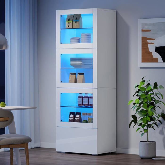 Vitrine Brillant en Acrylique avec LED-60x40x173cm- Armoire de Rangement-3 Étagères en Verre-Highboard-Armoire de Salon-Blanc