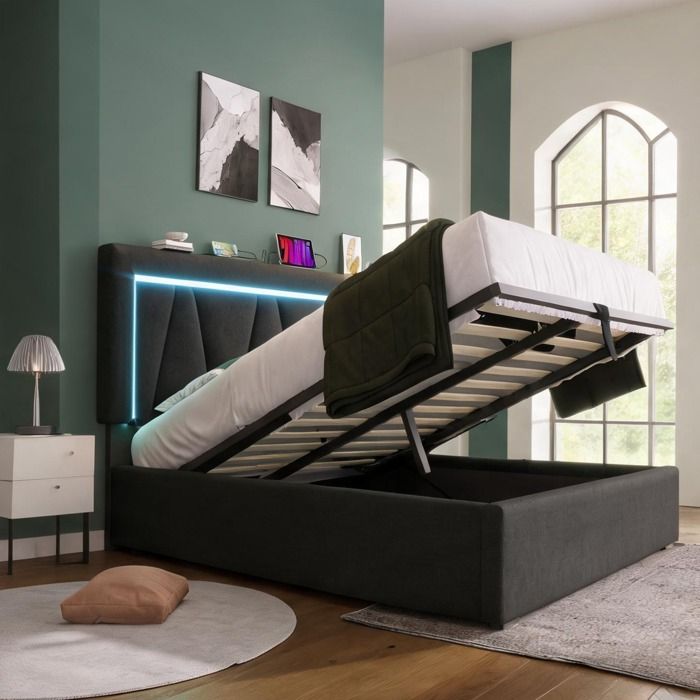Sommier double 140x200 cm avec matelas têtière réglable USB-C LED et rangement lin slate gray