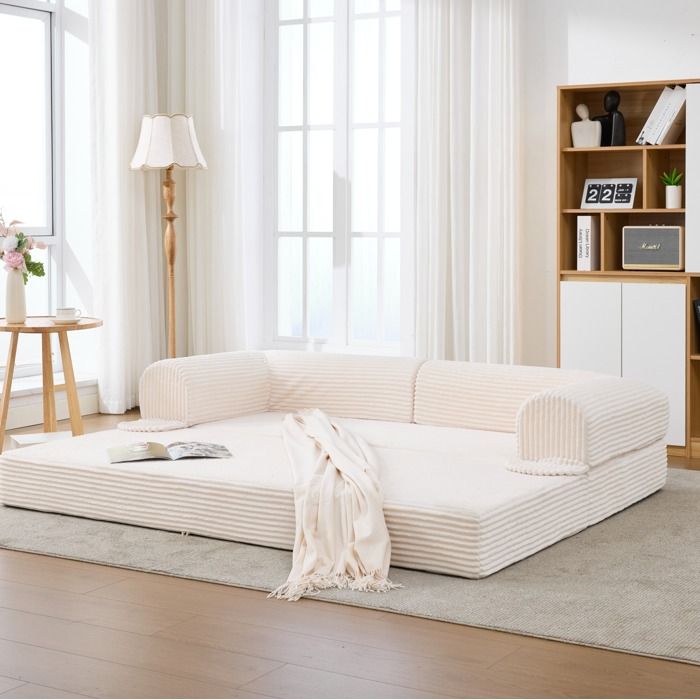 Canapé convertible 2 places 2 en 1 avec accoudoirs - ELVMI - mousse haute densité tissu côtelé beige 190 × 156 cm