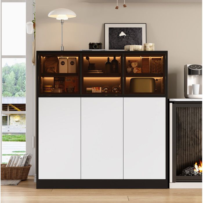 Buffet Haut 6 Portes avec Eclairage LED - TCQPZ - Verre et Panneau de Particules Noir et Blanc 100 × 40 × 105 cm