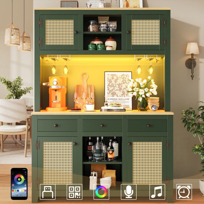 Buffet haut salle à manger vintage -Meuble vaisselier cuisine avec éclairage LED-Armoire vitrine en rattan PE120×40×180 cm