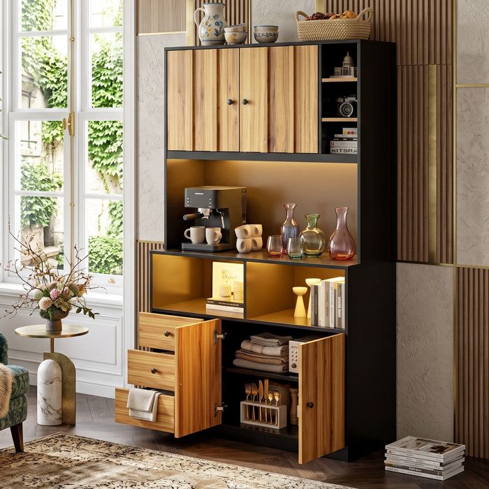 Buffet de cuisine 100x180cm Meuble de rangement avec LED et prises Enfilade style industriel avec tiroirs - Noir et Bois