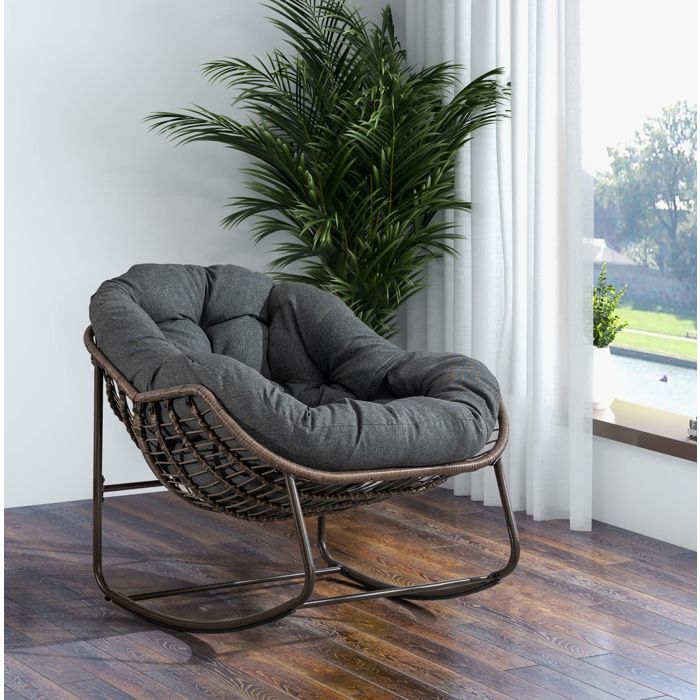 Fauteuil à bascule extérieur intérieur en rotin tressé gris foncé avec coussin épais 80x111x94 5 cm VEVXYN