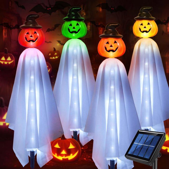 Set de 4 lampes solaires fantômes citrouilles flottantes pour décoration dHalloween extérieur guirlande lumineuse solaire extéri