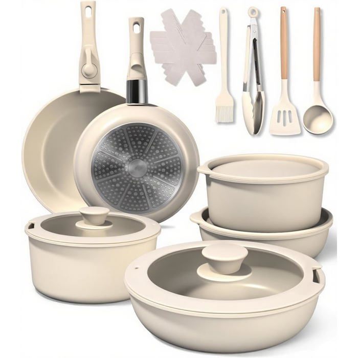 Batterie Cuisine Céramique 19 Pièces Induction Poignées Amovibles Sans PFOA/PTFE Empilable Blanc