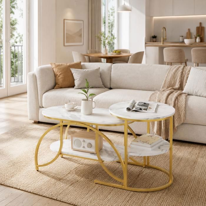 Table Basse Double Étagère Lot de 2 Table Basse de Salon Pieds Métal Dorés Plateau Marbre Blanc