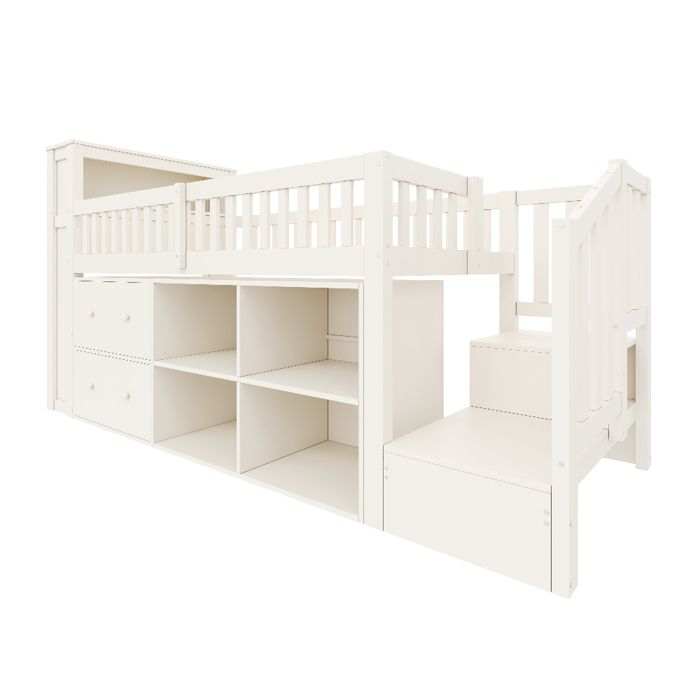Lit mi-hauteur 90 x 200 cm avec rangements tiroirs armoire-échelle LED USB et USB-C sans matelas Lit mi-hauteur 90 x 200 cm avec rangements tiroirs armoire-échelle LED USB et USB-C sans matelas