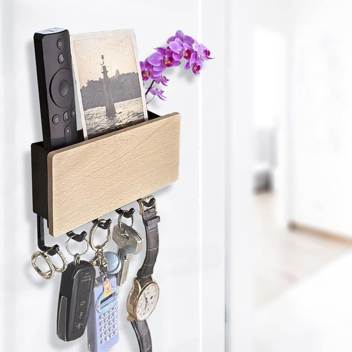Porte-clés mural autoportant en bambou noir - 5 crochets pour ranger clés et courrier dans lentrée - lot de 1