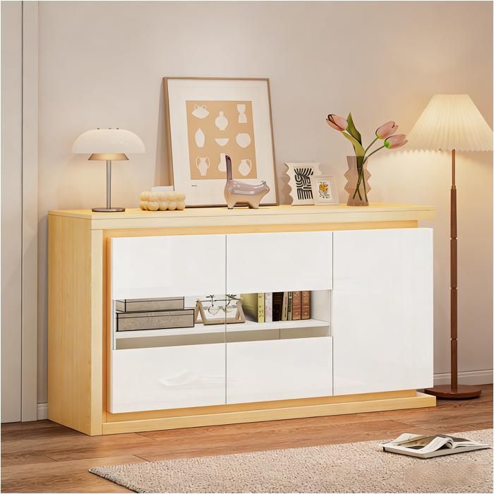 Buffet de Salon 140 cm avec LED 3 Portes dont 2 en Verre Trempé Finition Brillante et Étagères Réglables Buffet de Salon 140 cm avec LED 3 Portes dont 2 en Verre Trempé Finition Brillante et Étagères Réglables